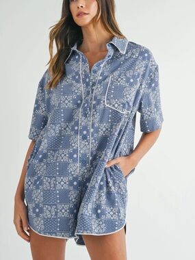 Mable chambray blue bandana paisley mini short loose relaxed romper